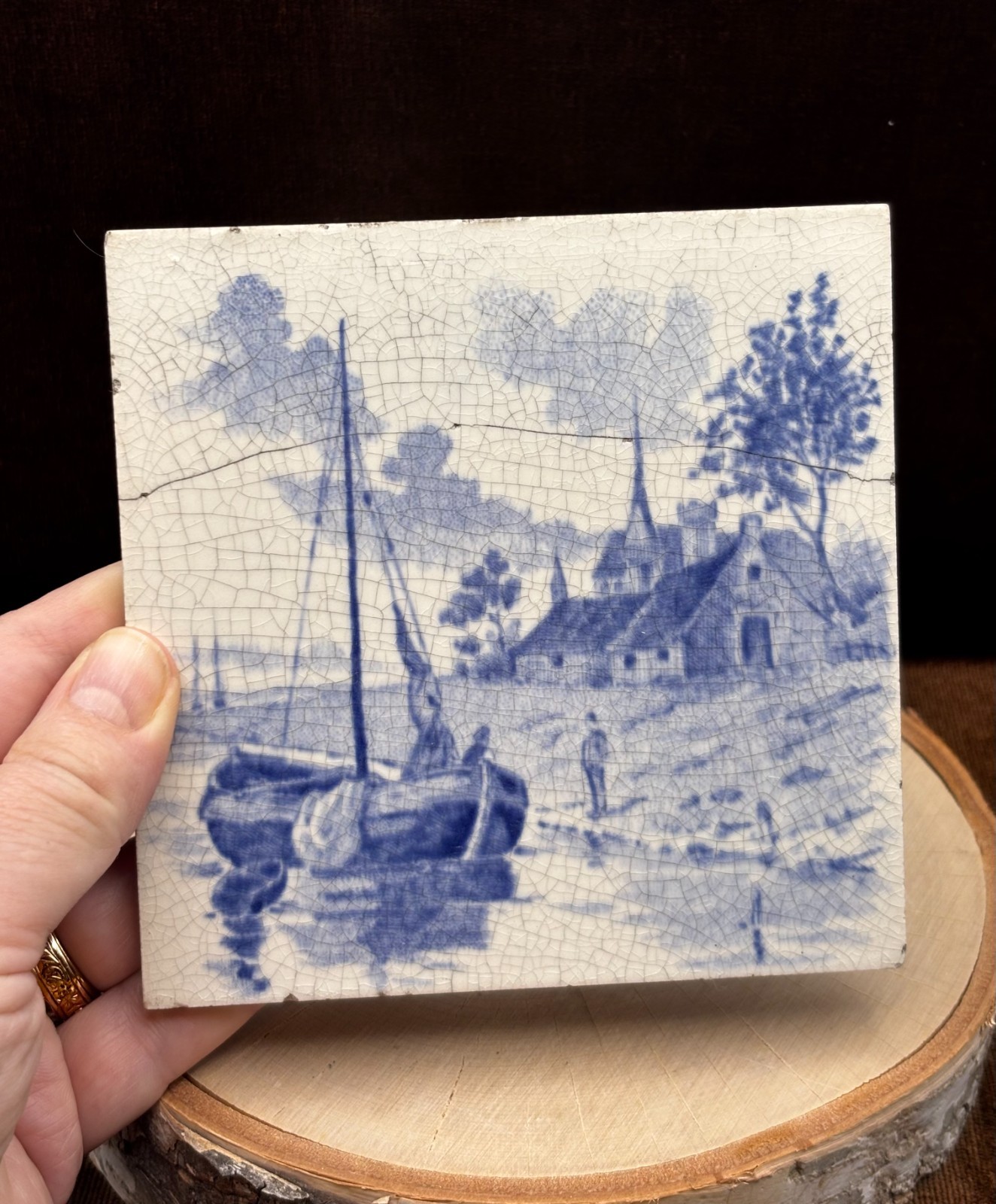 EARLY 20th Century DELFT TILE of a ship, a farm, and church Crazing CRACK Repair