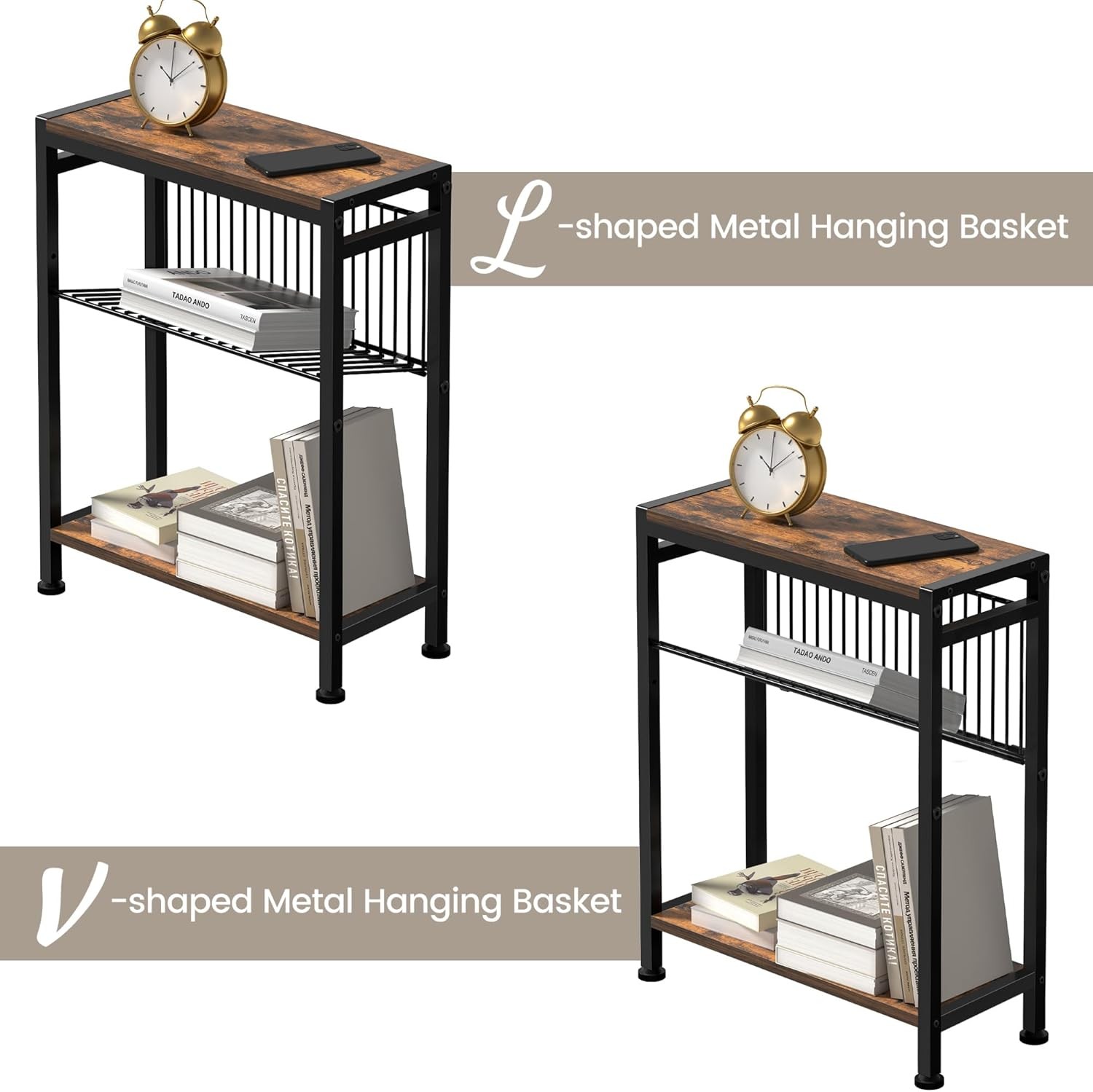 Small Side Table for Small Space, 3-Tier Narrow End Table with Magazine Holder,S