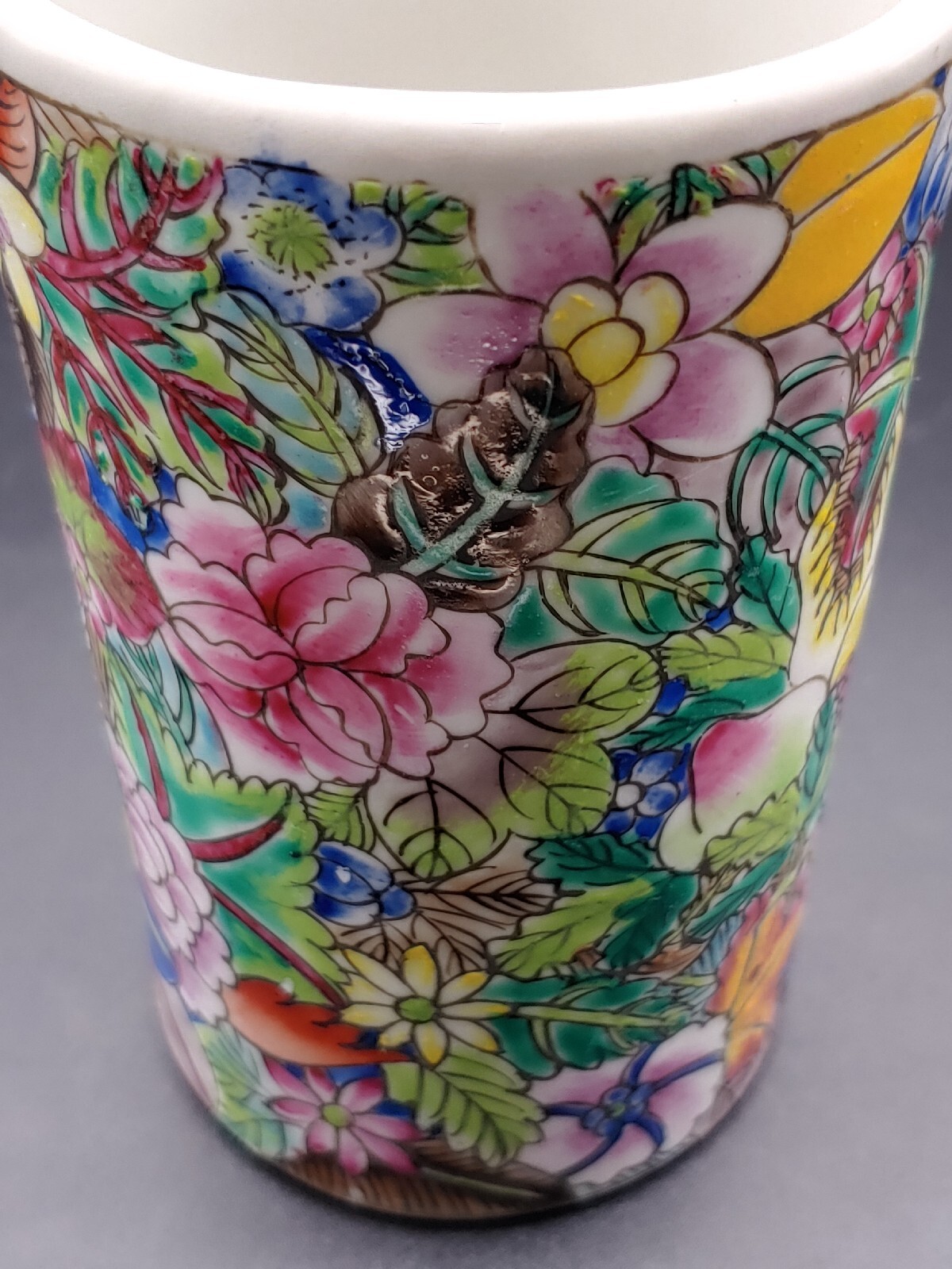 民国手绘粉彩瓷器百花不露地笔筒 Antique China Famille Rose Porcelain Painted Full Flower Art Pot