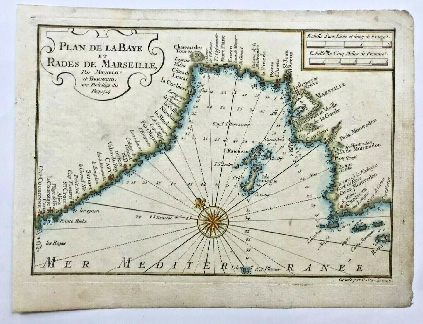 MARSEILLE FRANCE 1727 MICHELOT & BREMOND NICE ANTIQUE ENGRAVED SEA CHART