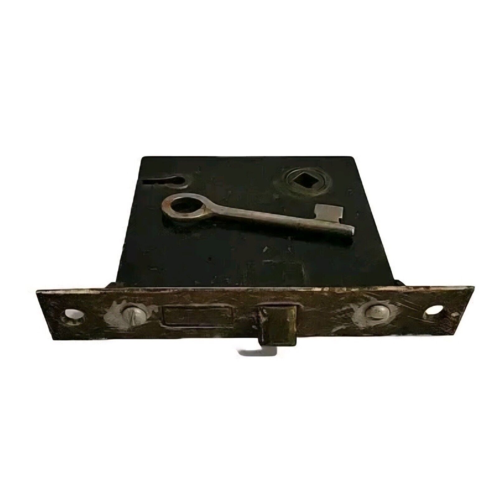 Antique Dead Bolt Mortise Lock + Key Cast Iron Body Brass Plate Face