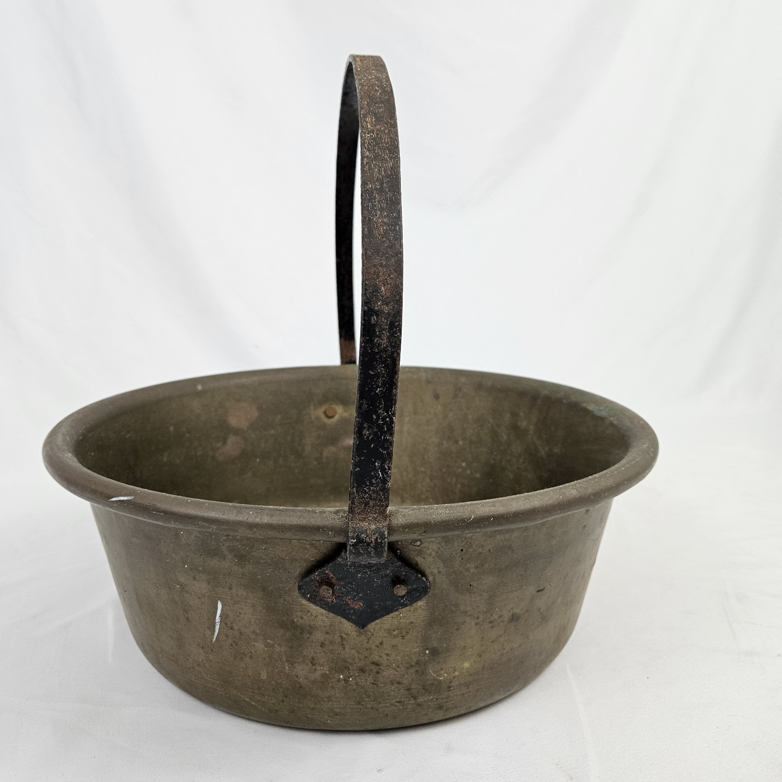 Antique Brass Bean Pot Cauldron Campfire Pan Copper Handle Forged Primitive