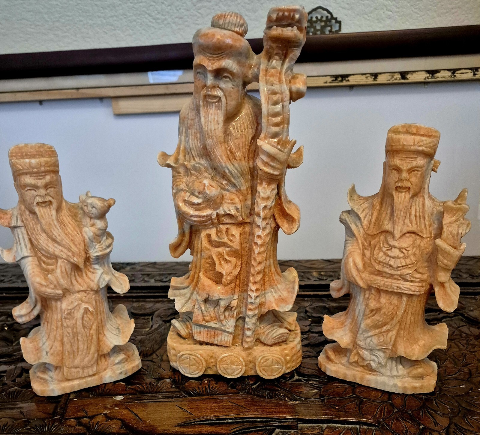 Chinese 3 Orange Marble Stone Statue Set Fu Lu And Shou Large Immortal Rare HTF!