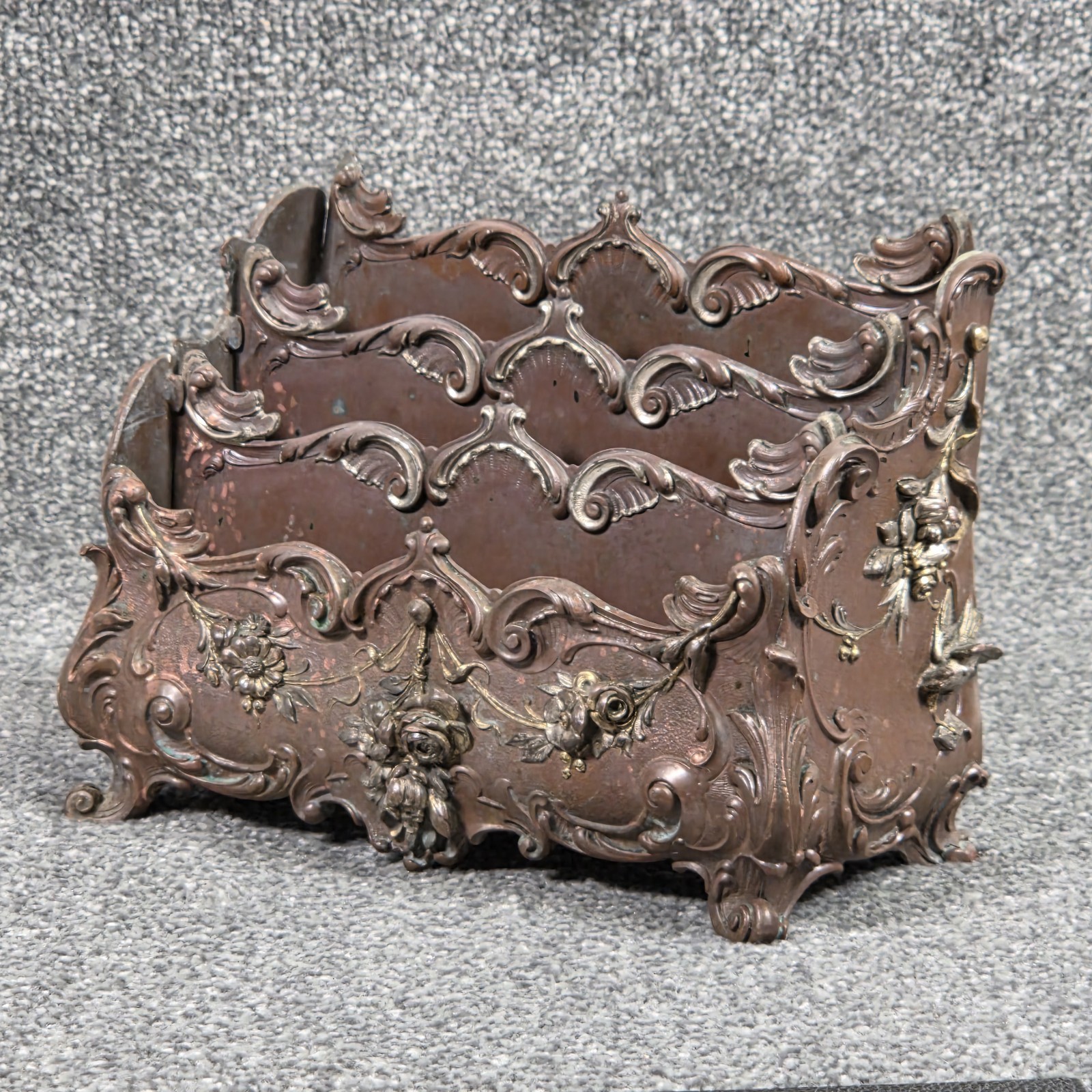 Antique French Rococo Letter Rack – Copper & Silver Toned Spelter – Bird Motif