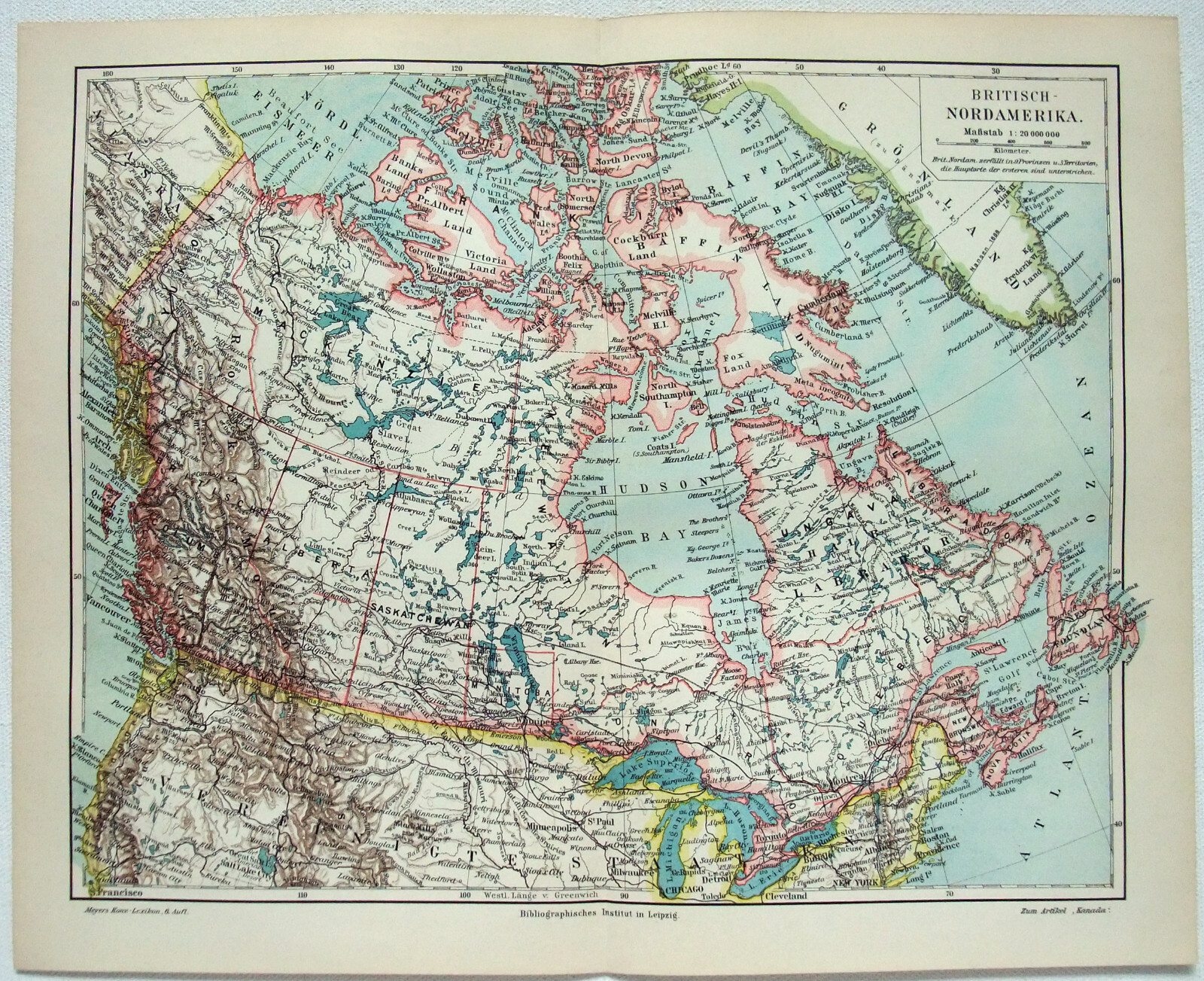 British North America – Original 1906 Map by Meyers. Antique German Language Map