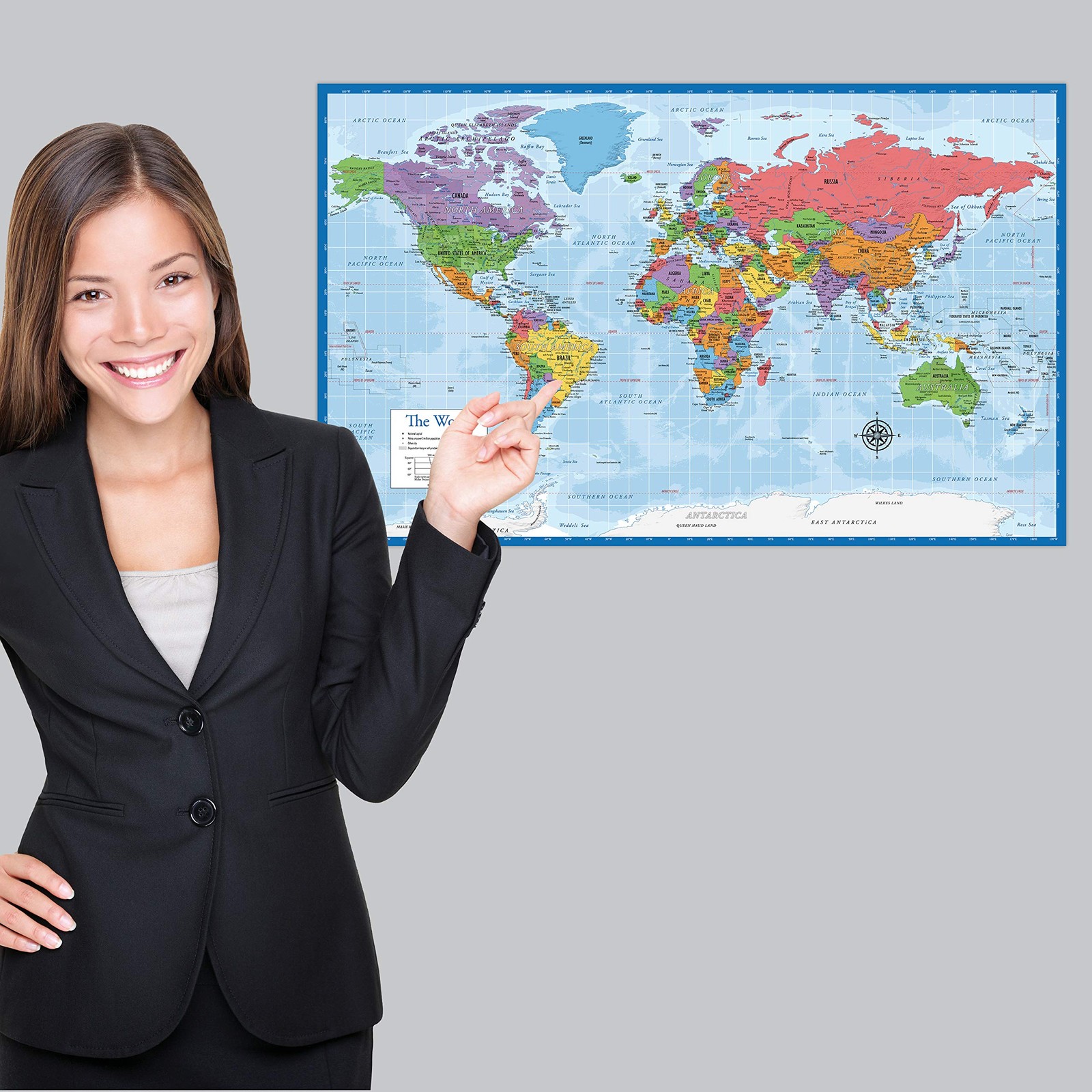Laminated World Map & US Map Poster Set – 18″ x 29″ Wall Chart Maps of the World