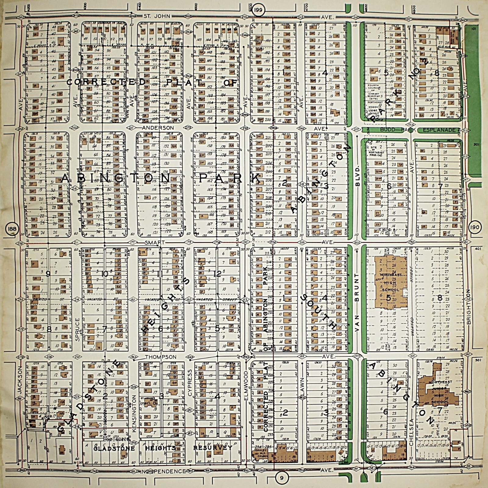 1925 Kansas City Missouri Atlas Plat Map RARE Color Lithograph Plate #188 & 189