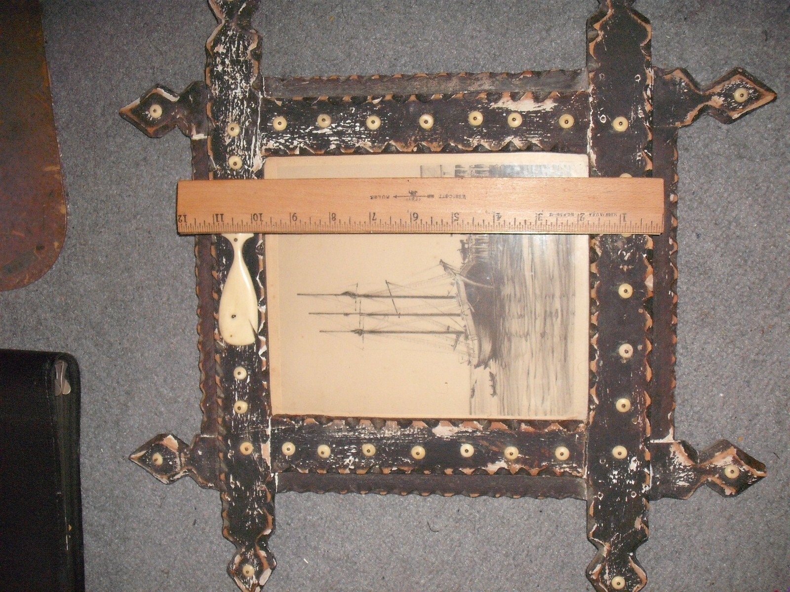Rare Antique Nautical Folk Art Scrimshaw Picture Frame Lined in Bone dated 1935