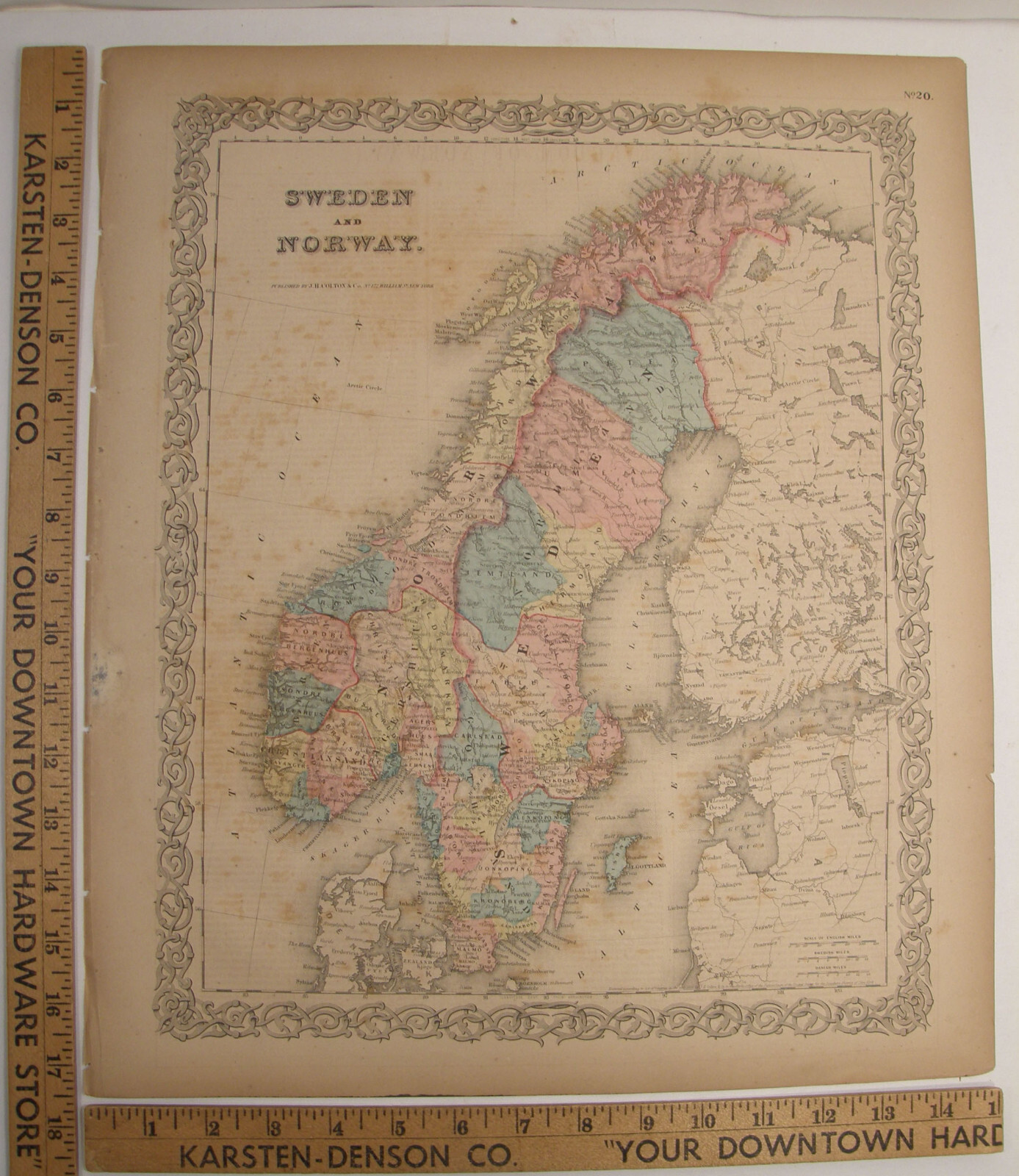 ANTIQUE 1859 COLTON’S ATLAS HAND COLORED ENGRAVING MAP SWEDEN & NORWAY