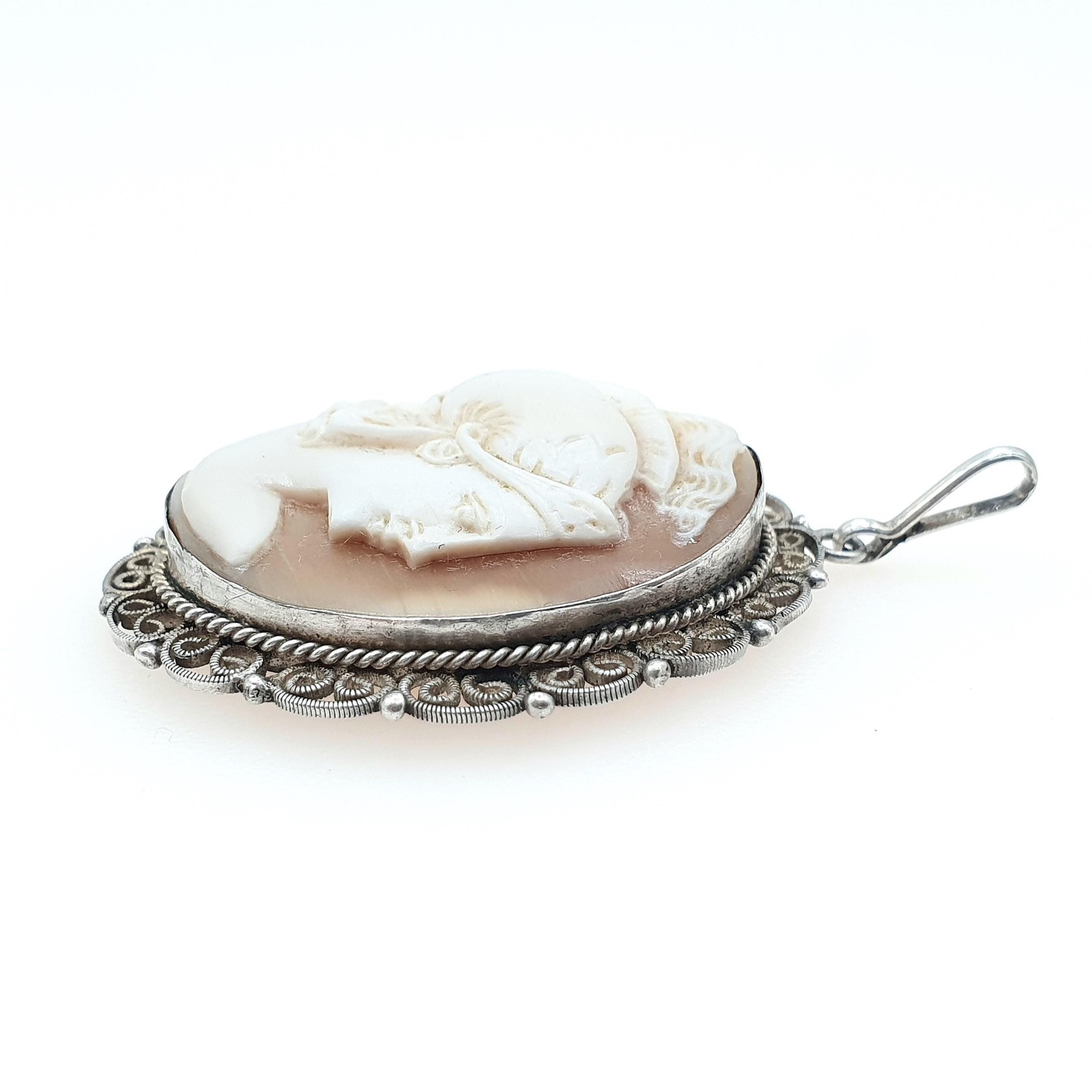 Antique Solid Silver Centurion Cameo Pendant Necklace Roman Soldier Filigree