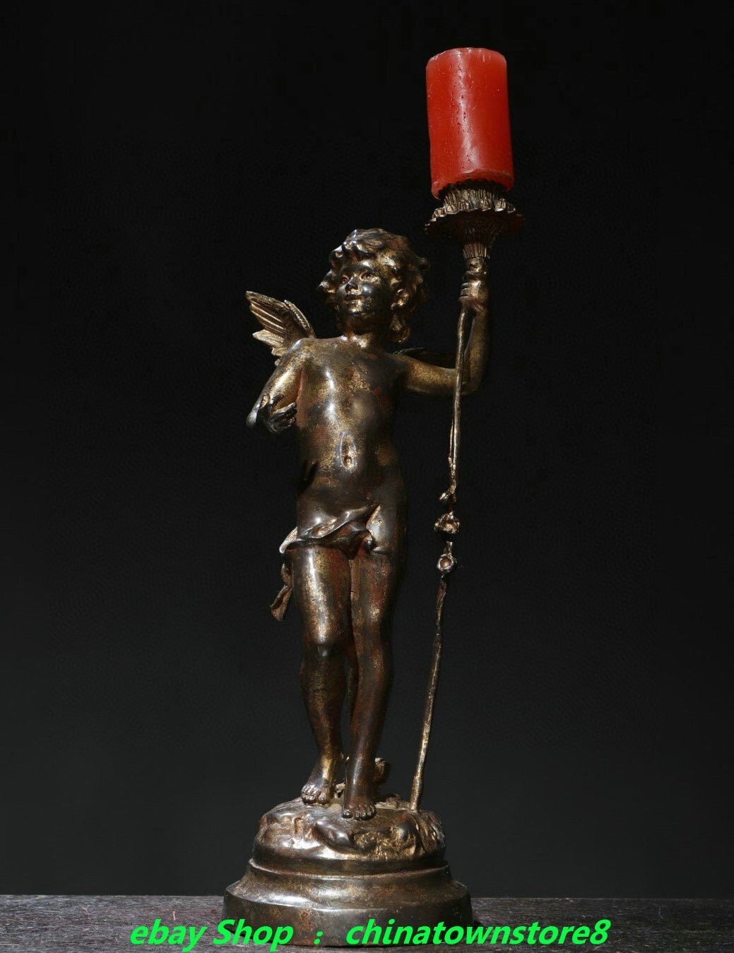16.5”Old Chinese Bronze Gilt The West Tianshi Tian Shi Lampstand Candlestick