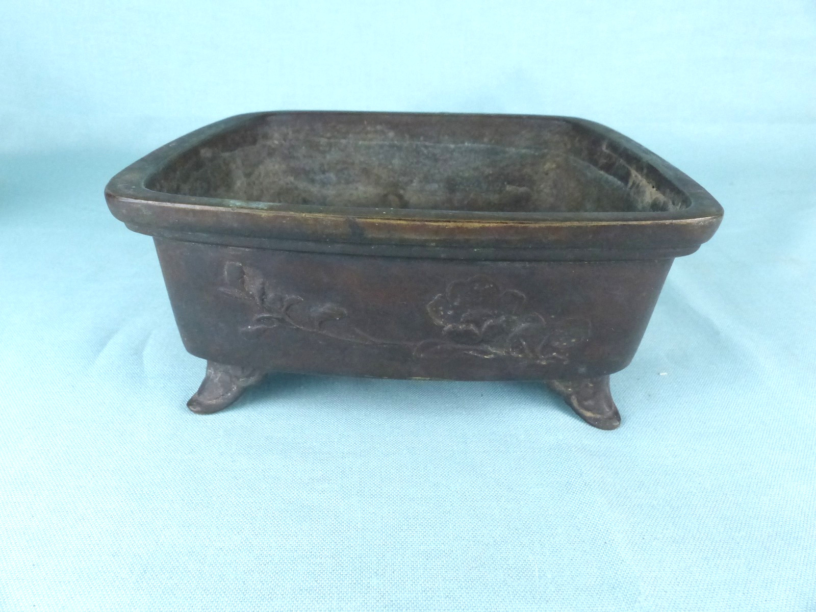 Antique Japanese Footed Bronze Floral Decorated Bonsai Pot Planter Signed