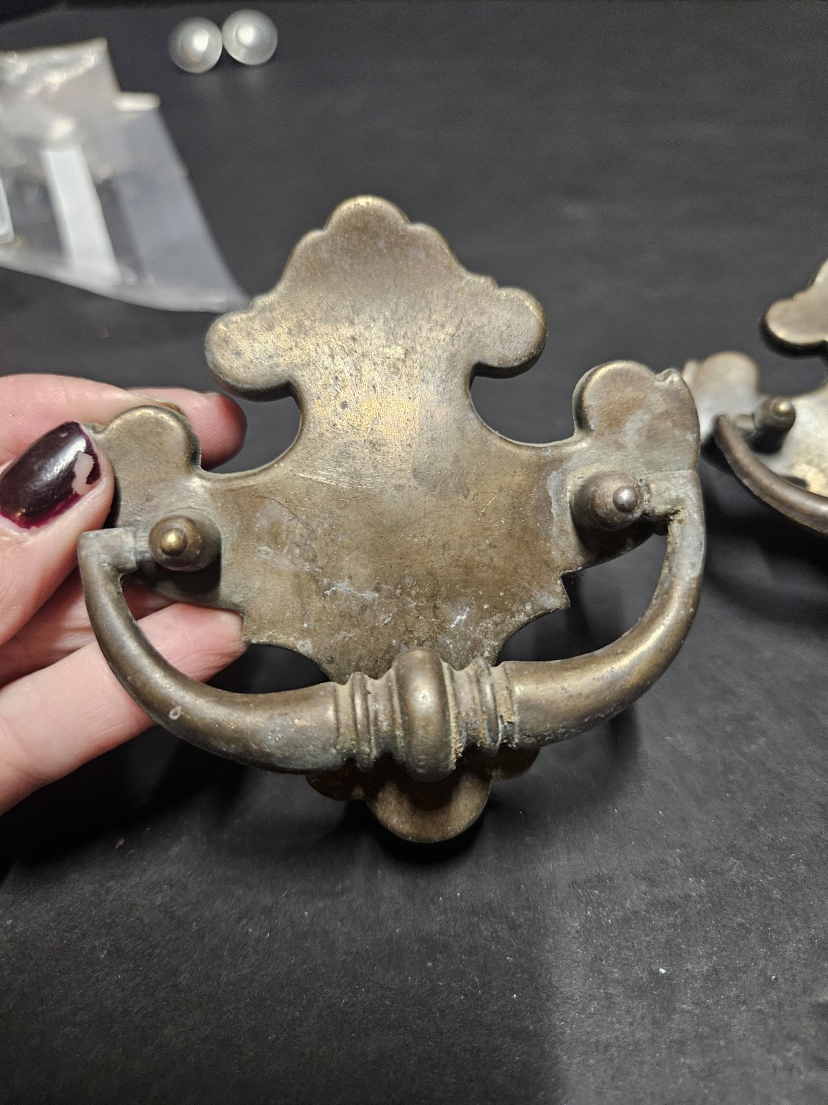2 Vtg Salvage Chippendale Drop Style Wing Drawer Pulls Brass Steel Patina