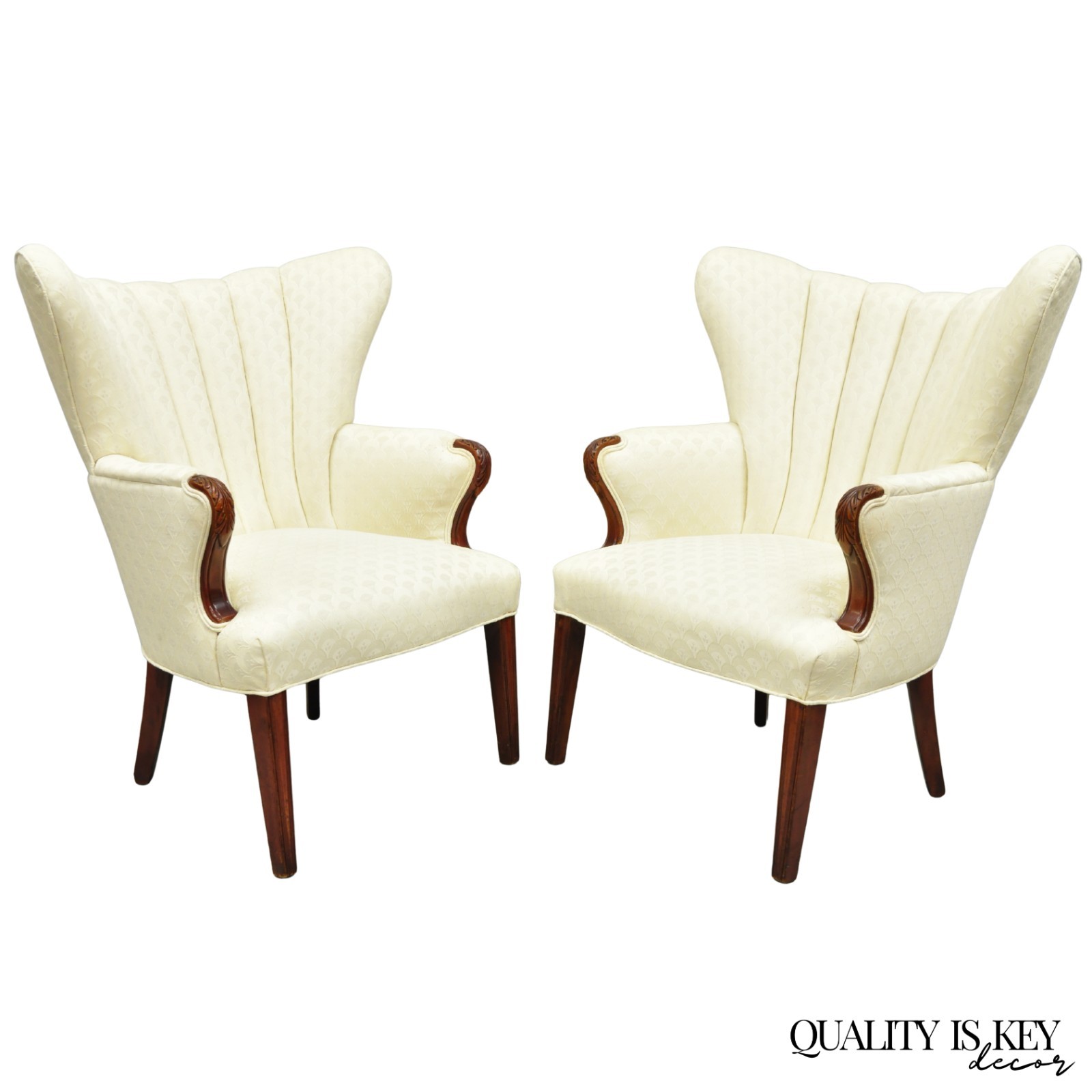 Vintage French Art Deco Style Channel Wingback Mahogany Lounge Arm Chairs – Pair