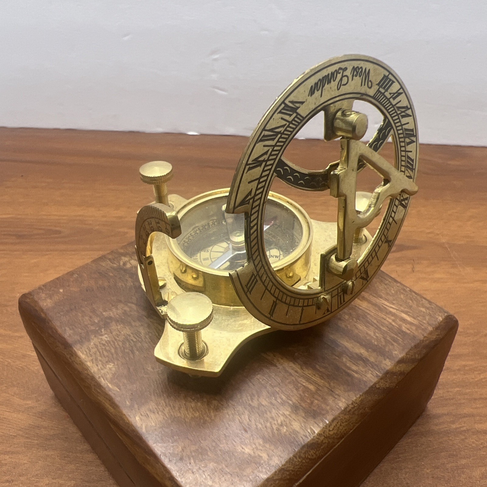 F. L. West London Brass Sundial Compass in presentation wood box