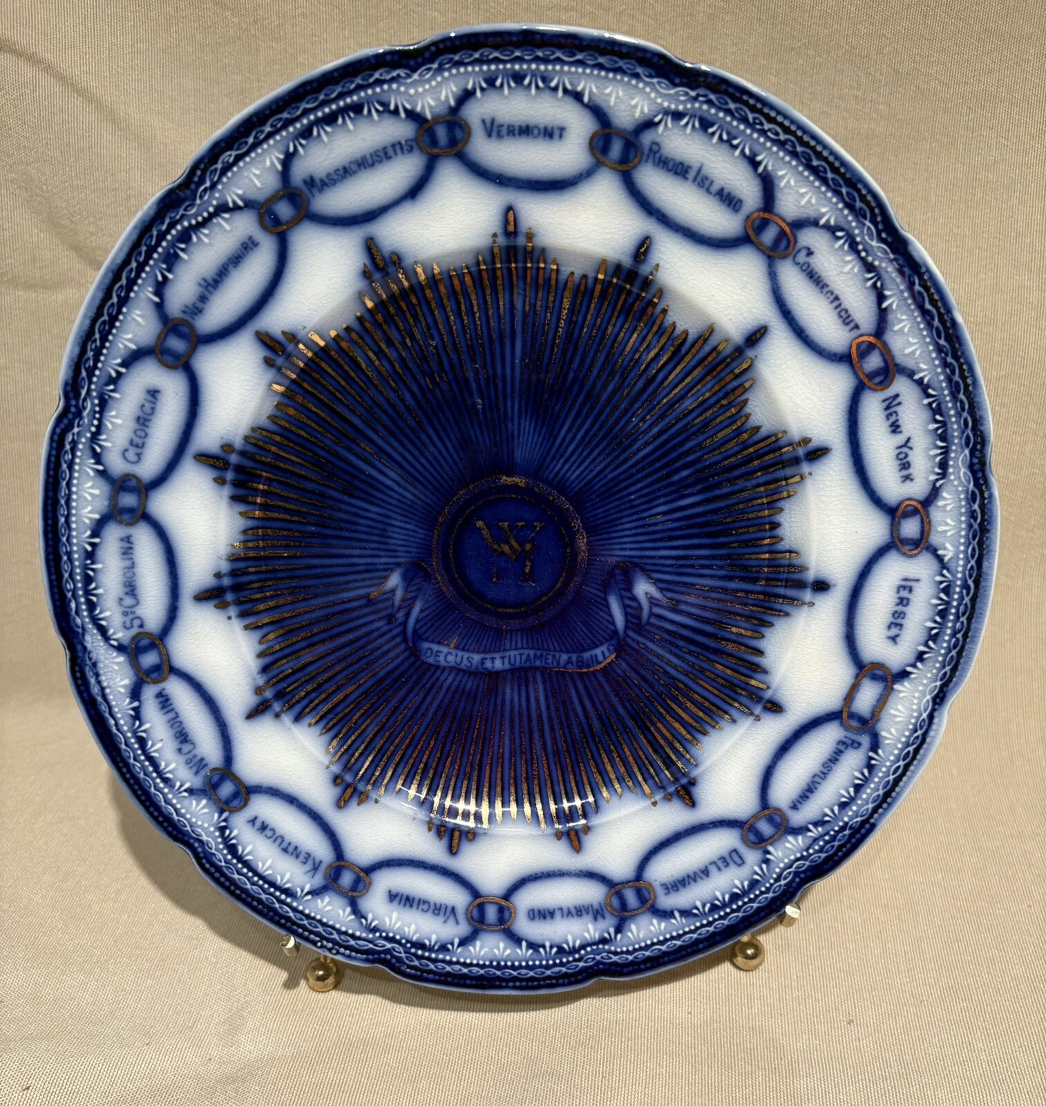 Staffordshire Flow Blue Transfer Plate, CHAIN OF STATES, M. Washington Fitchburg