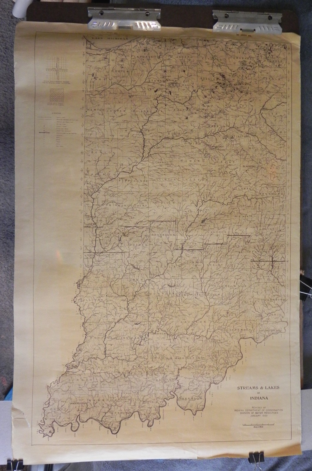 1959 Streams and Lakes of Indiana Map – ~24″x36″ – Vintage Wall Map