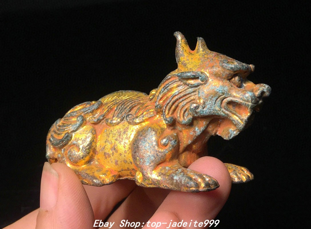 2.7″Old China Dynasty Bronze Gilt kylin Kirin Kilin Qilin unicorn Beast Statue