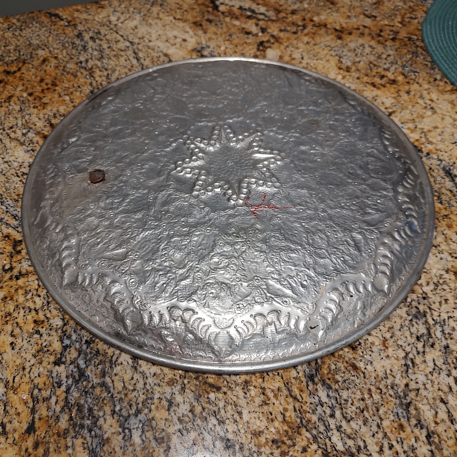 Vintage Handmade Vintage Middle Eastern Round Silver Tray  Floral Design