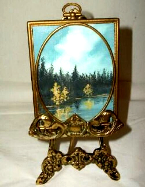 Vintage Miniature Oil Painting Landscape Brass Easel Unique Frame Signed Guyna