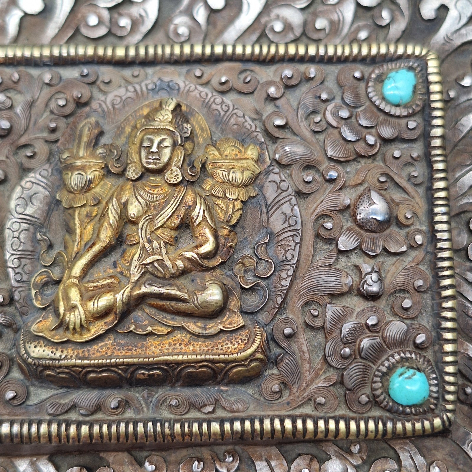 Antique Tibetan Buddhist Scripture Book Cover – Gilded Silver Clad Wood – Sealed