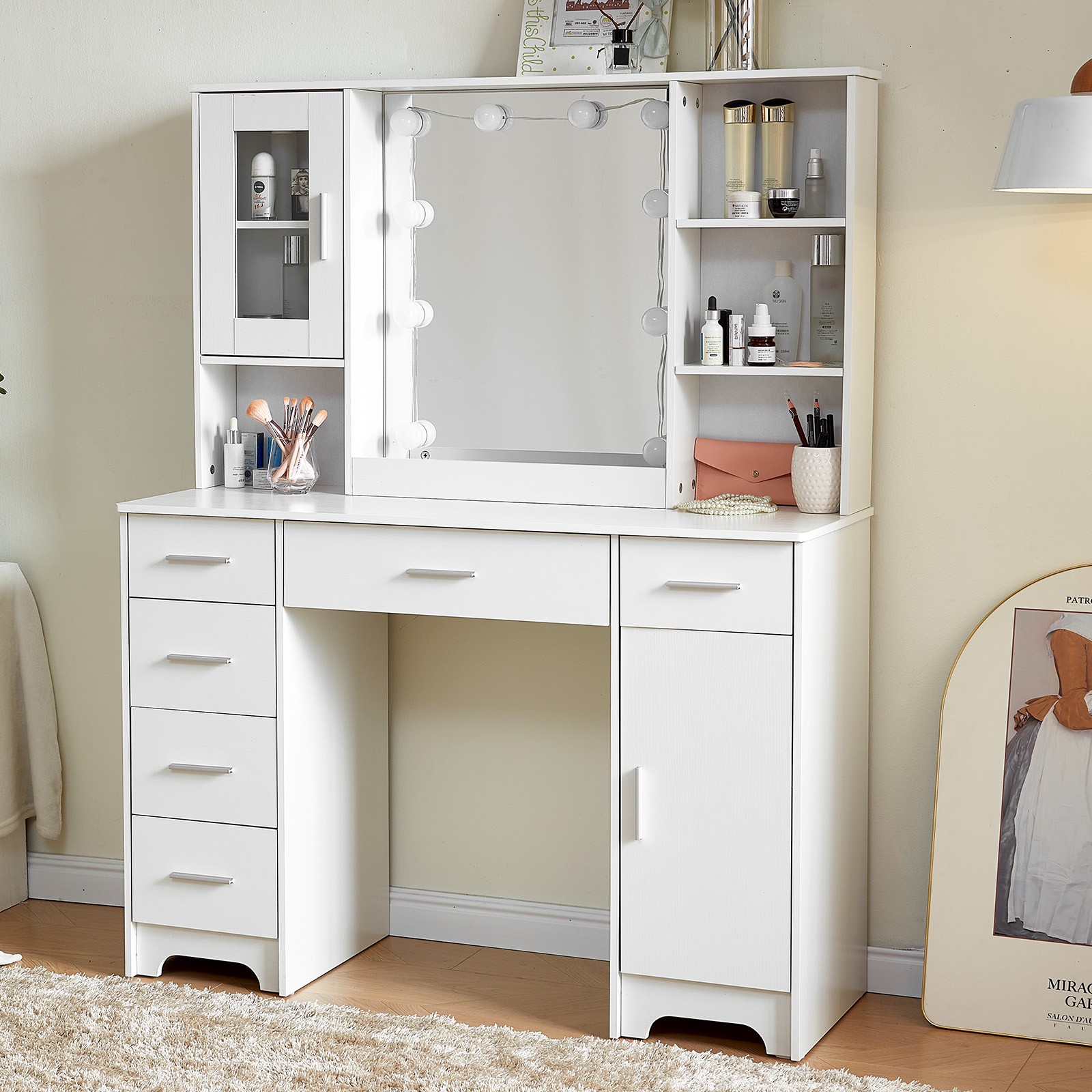Modern Home Dressing Table Makeup Vanity Desk LED Mirror Large Dresser