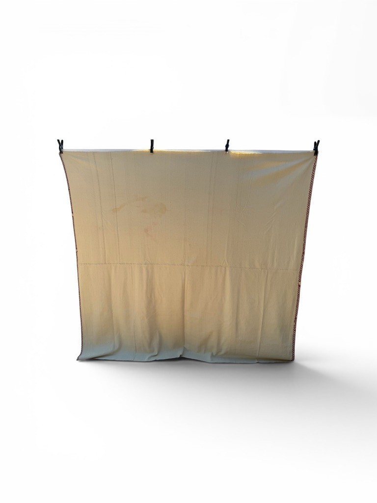 19th C Creamy White Homespun Wool Blanket Handstitched 2 Panel 76×80 Antique