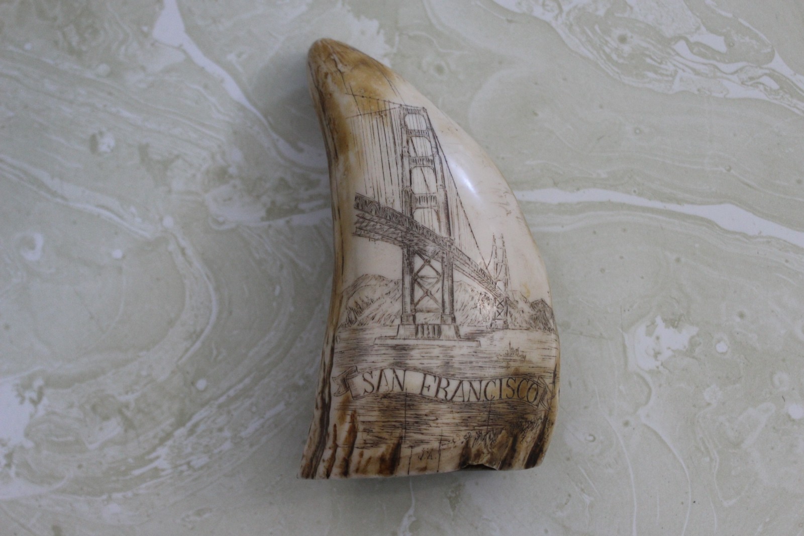 Replica Scrimshaw Repro. Resin Whale Tooth SAN FRANCISCO POWEL HYDE CABLE CAR