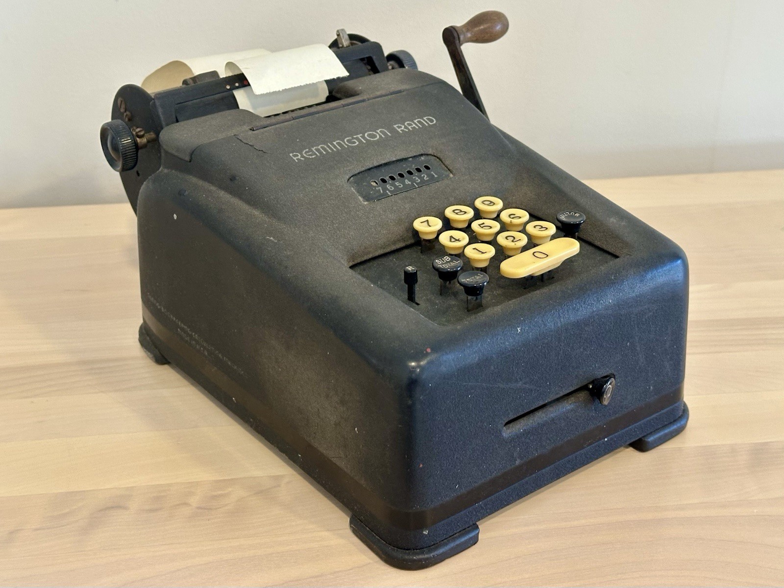 Vintage REMINGTON RAND Adding Machine w Cover 1940s Works paper included