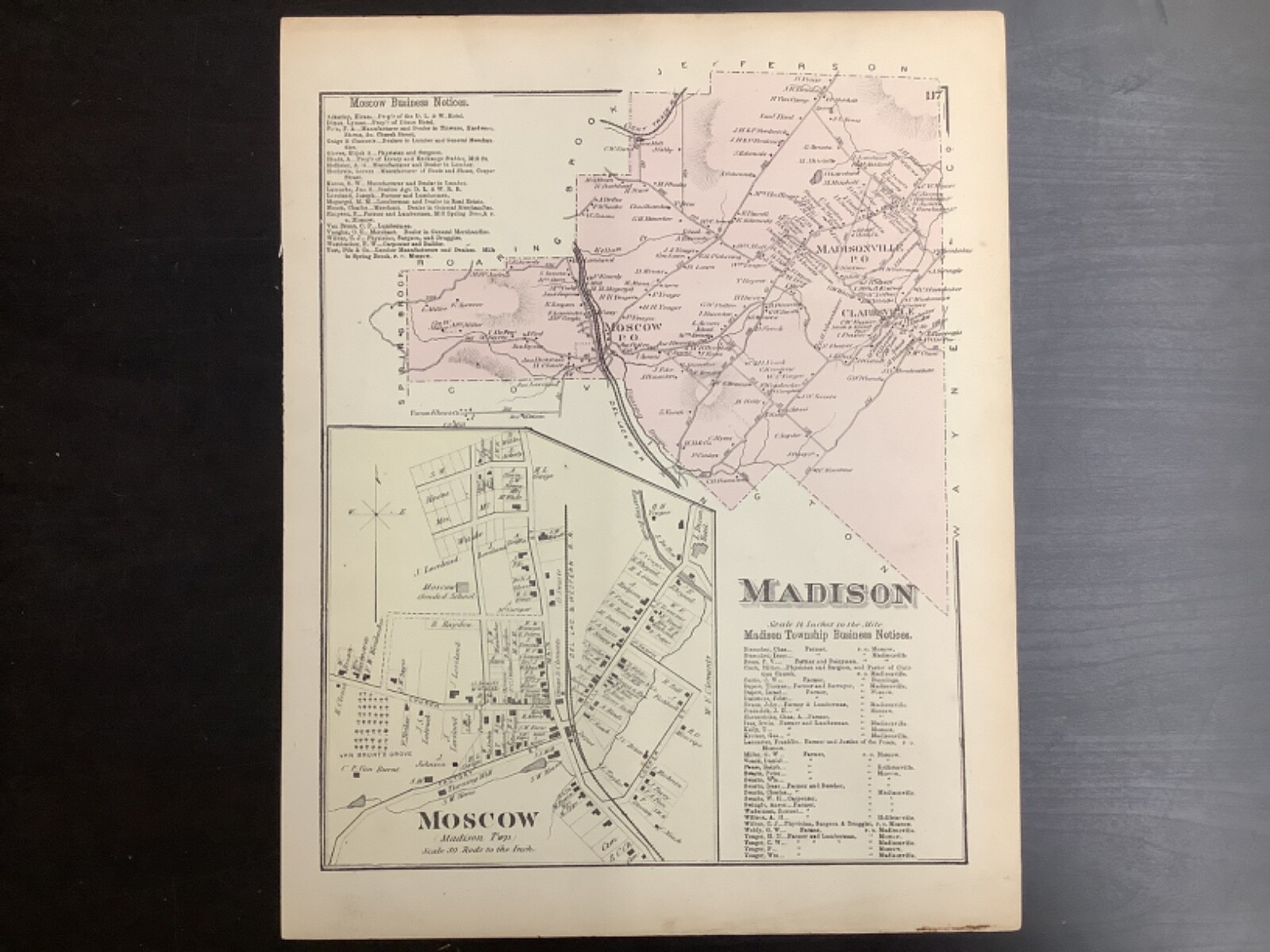 C. 1873 Hand-Colored Atlas Map Of Madison Twp., Luzerne Co., PA 15.25 x 12”