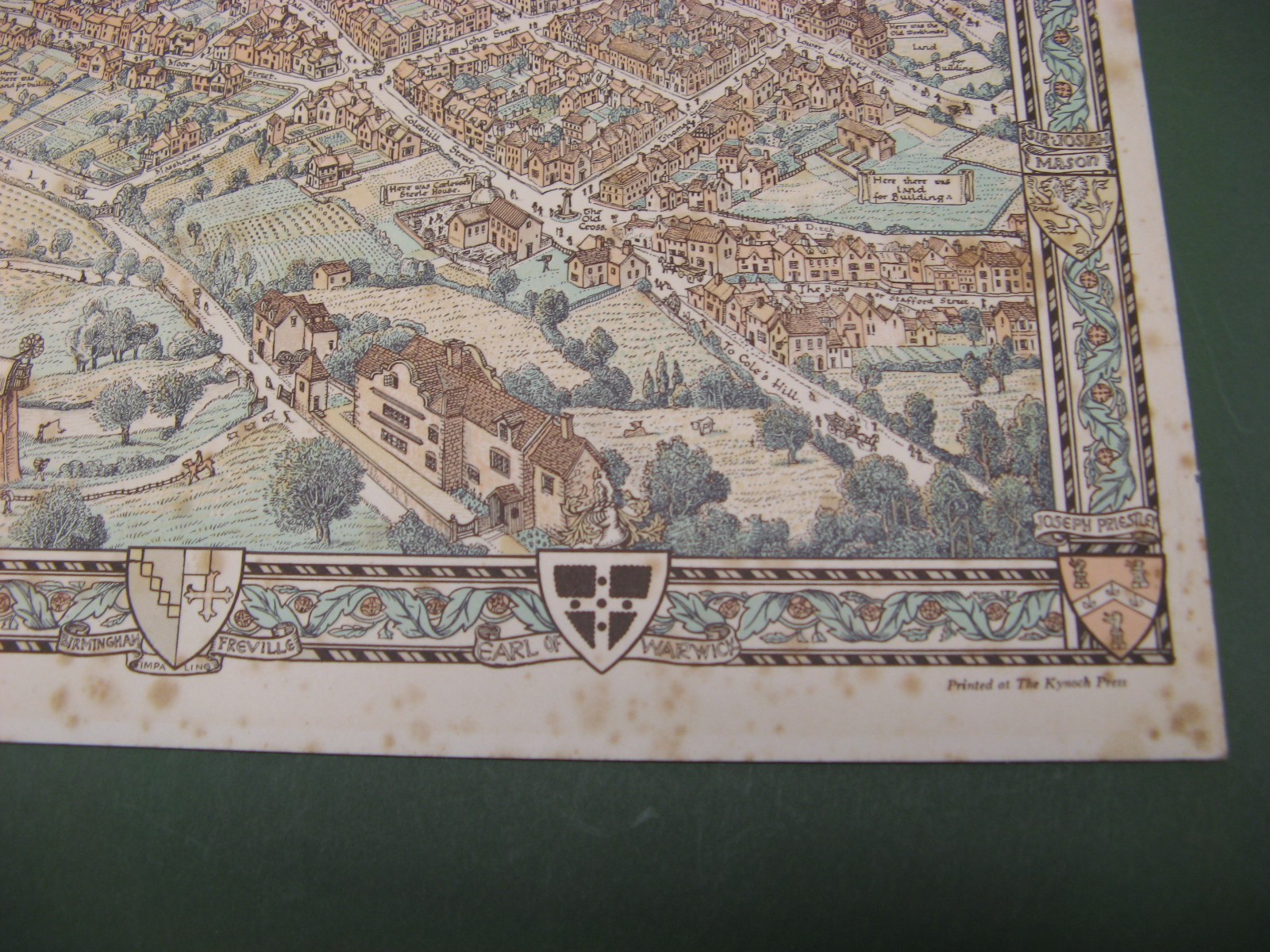C1923 Picture Map of the City of Birmingham in the Year 1730 BY BERNARD SLEIGH