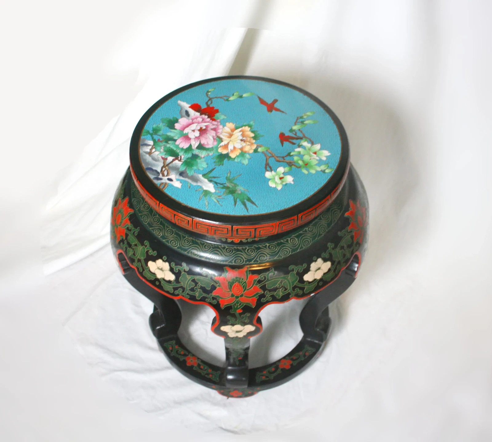 Vintage Chinese Ebonized Cloisonne Top Garden Seat