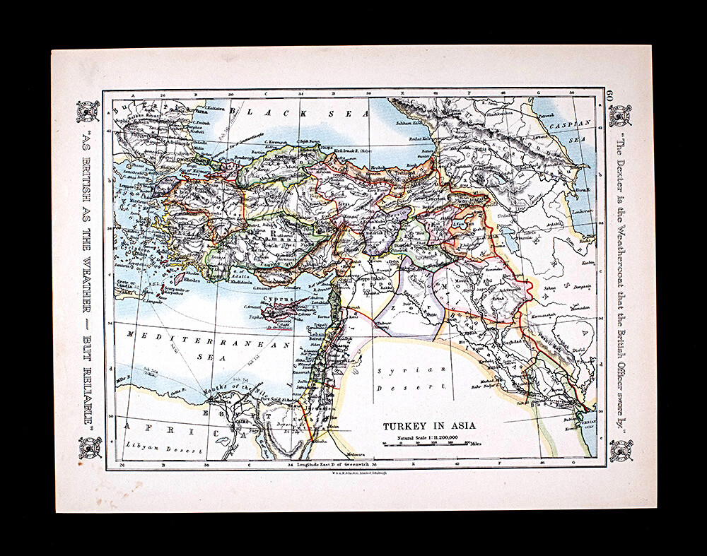 1921 Johnston Map Turkey in Asia Constantinople Palestine Israel Egypt Cyprus
