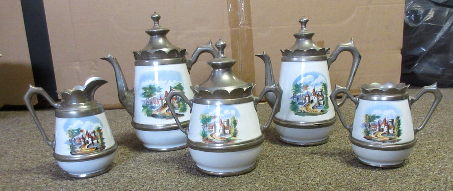 FINE 19th c. ANTIQUE MANNING & BOWMAN 5 PC. ENAMELED TEA/COFFEE GRANITEWARE SET
