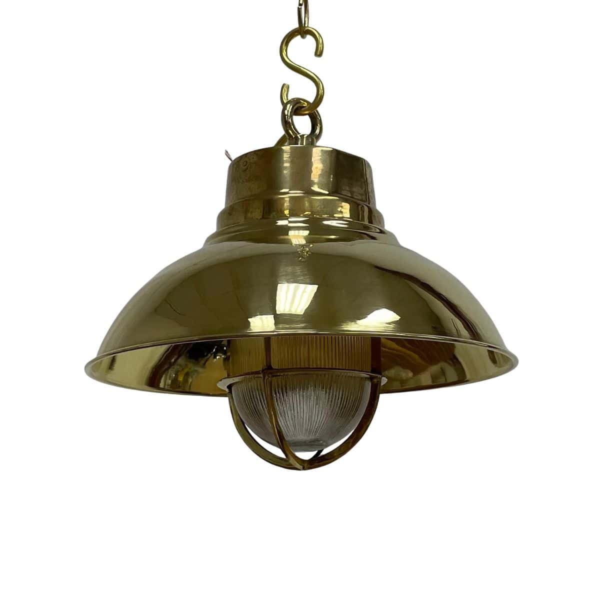 Vintage Brass Chain Hung Cage Light Ribbed Glass Globe Brass Rain Cap