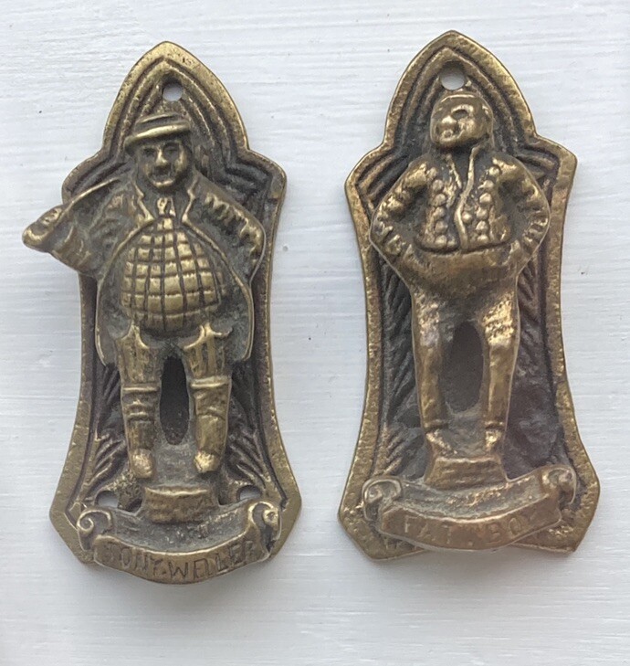 Two Antique Brass Door Knockers Dickens Fat Boy / Tony Weller