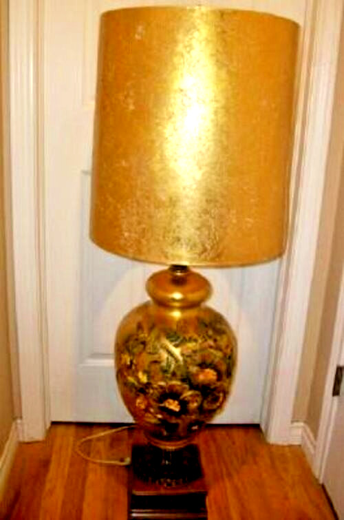 1960s Retro Glass Lamp Carl Falkenstein Gesso Poppies Reverse Gilt HUGE BoHo