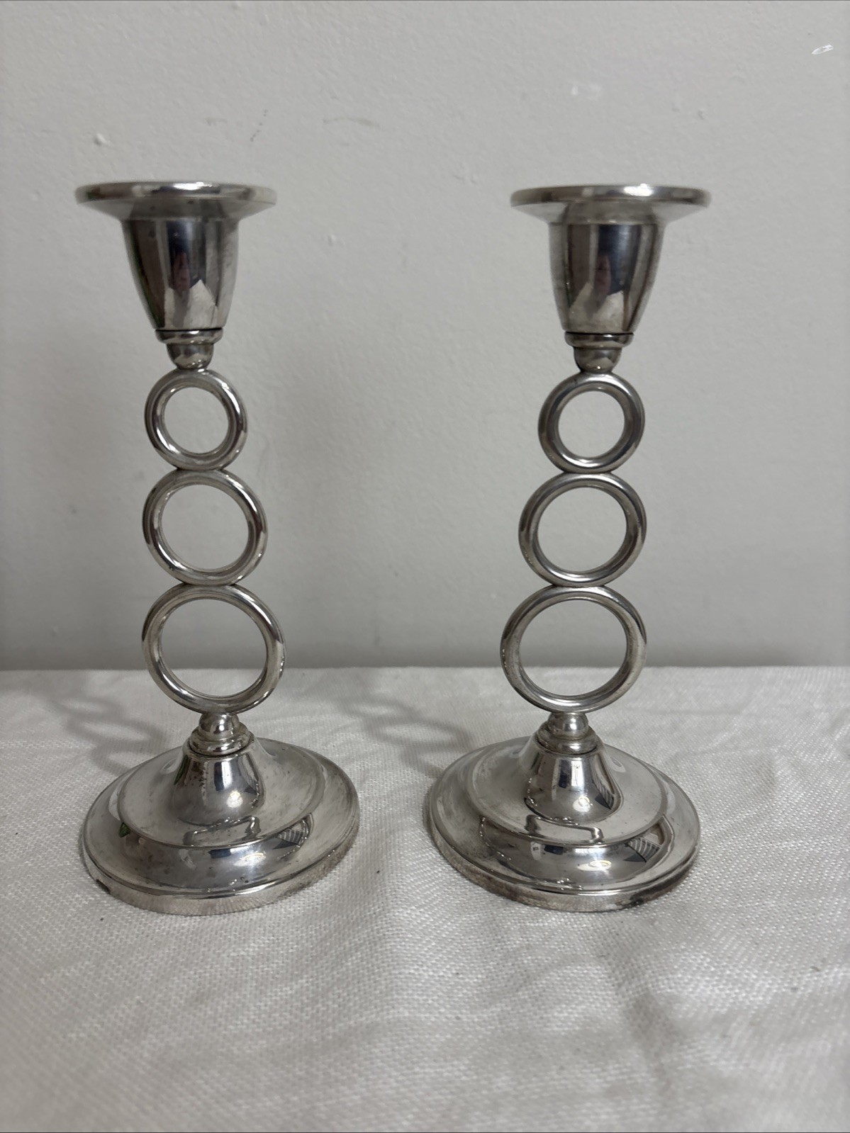 Pair of Vintage Silver Plate Three Graduated Ring Candle Sticks by Ianthe