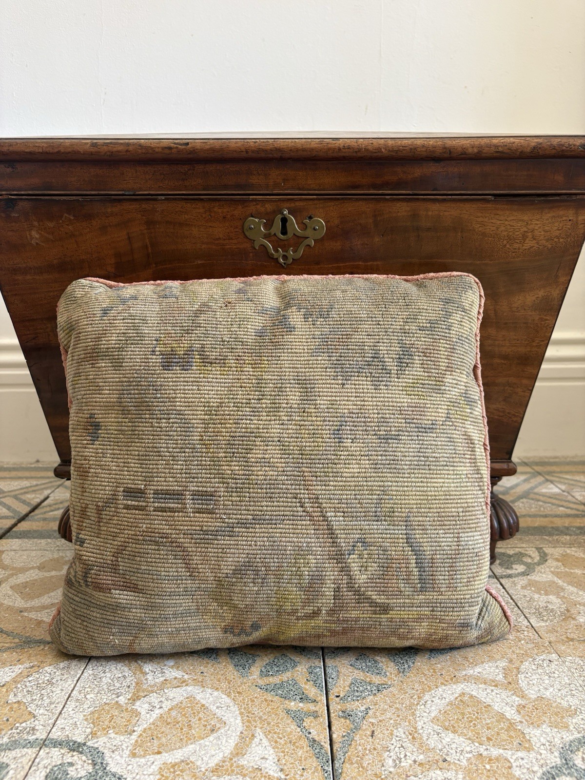 A 19thC French Verdure Aubusson Tapestry Fragment Cushion, 43cm, Feather Filled