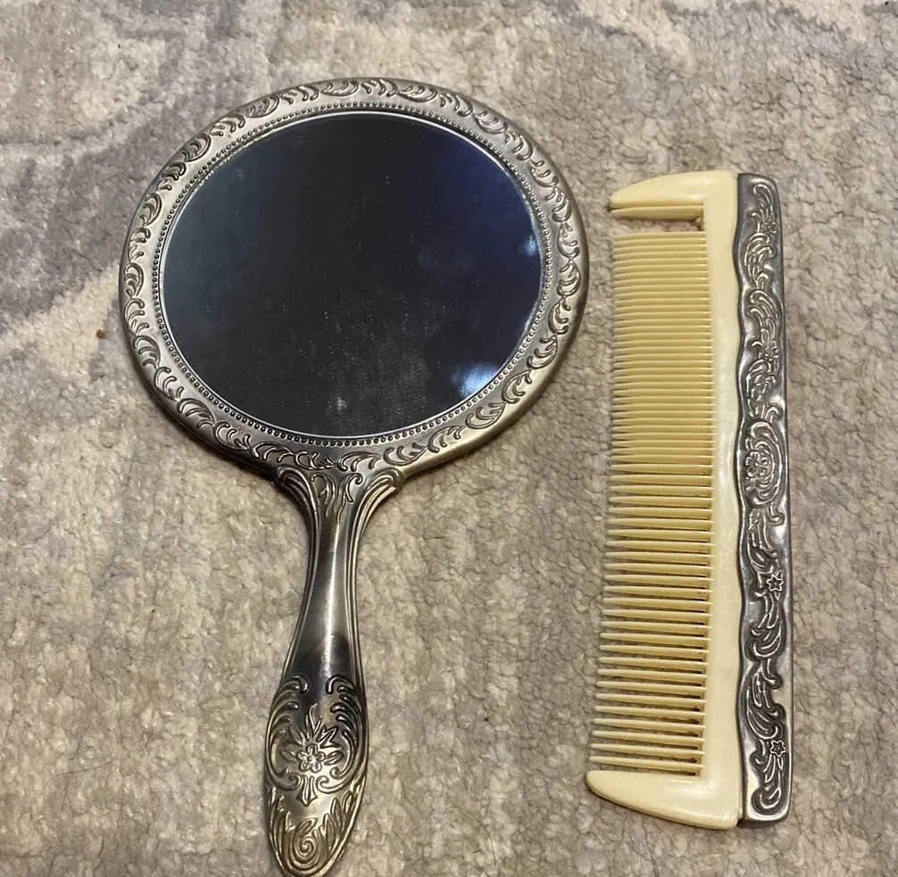 Vintage Silver Plated Vanity Set Hand Mirror And Comb
