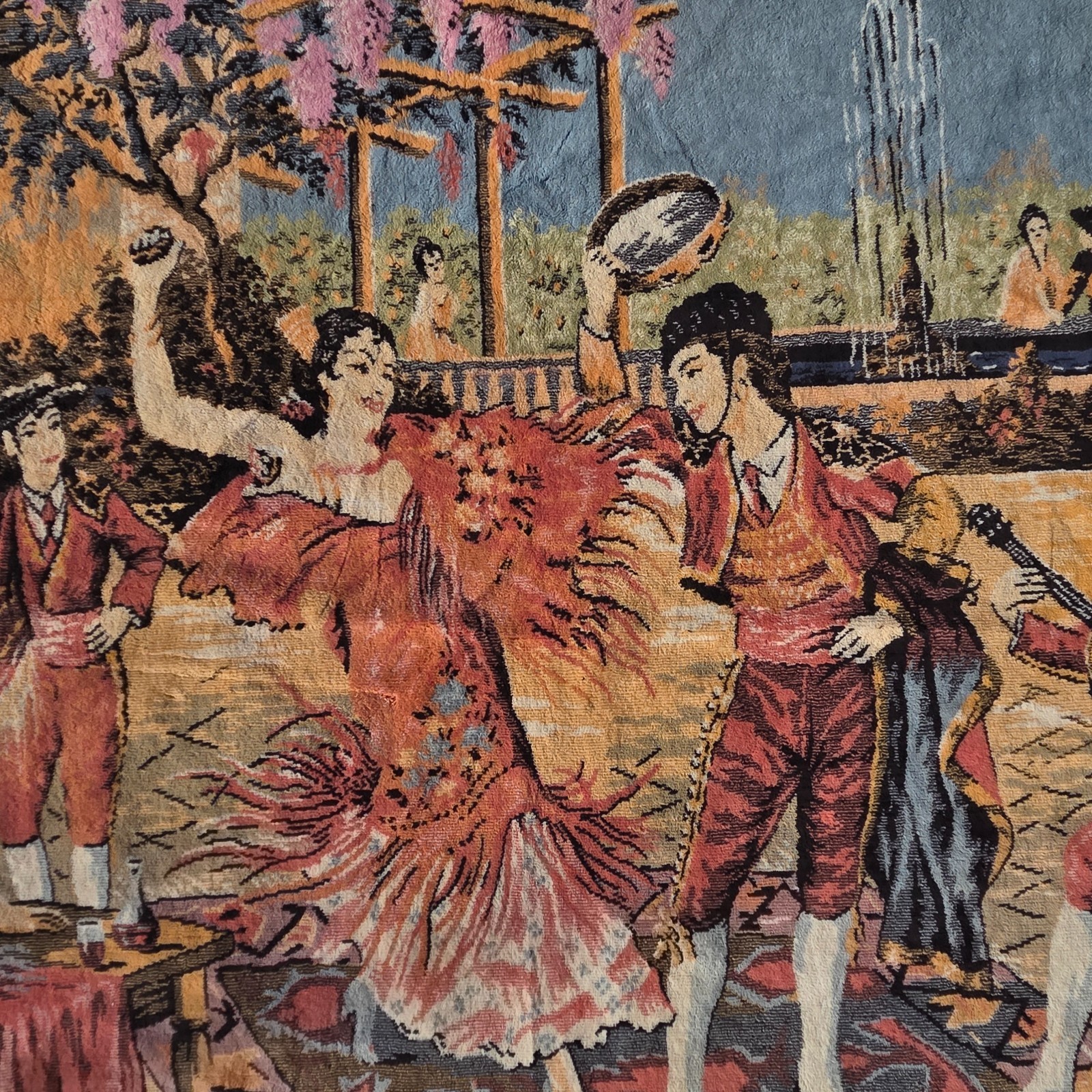 Vintage 67 x 45 Spanish Rectangular Tapestry Rug with Flamenco Dancers & Kitten