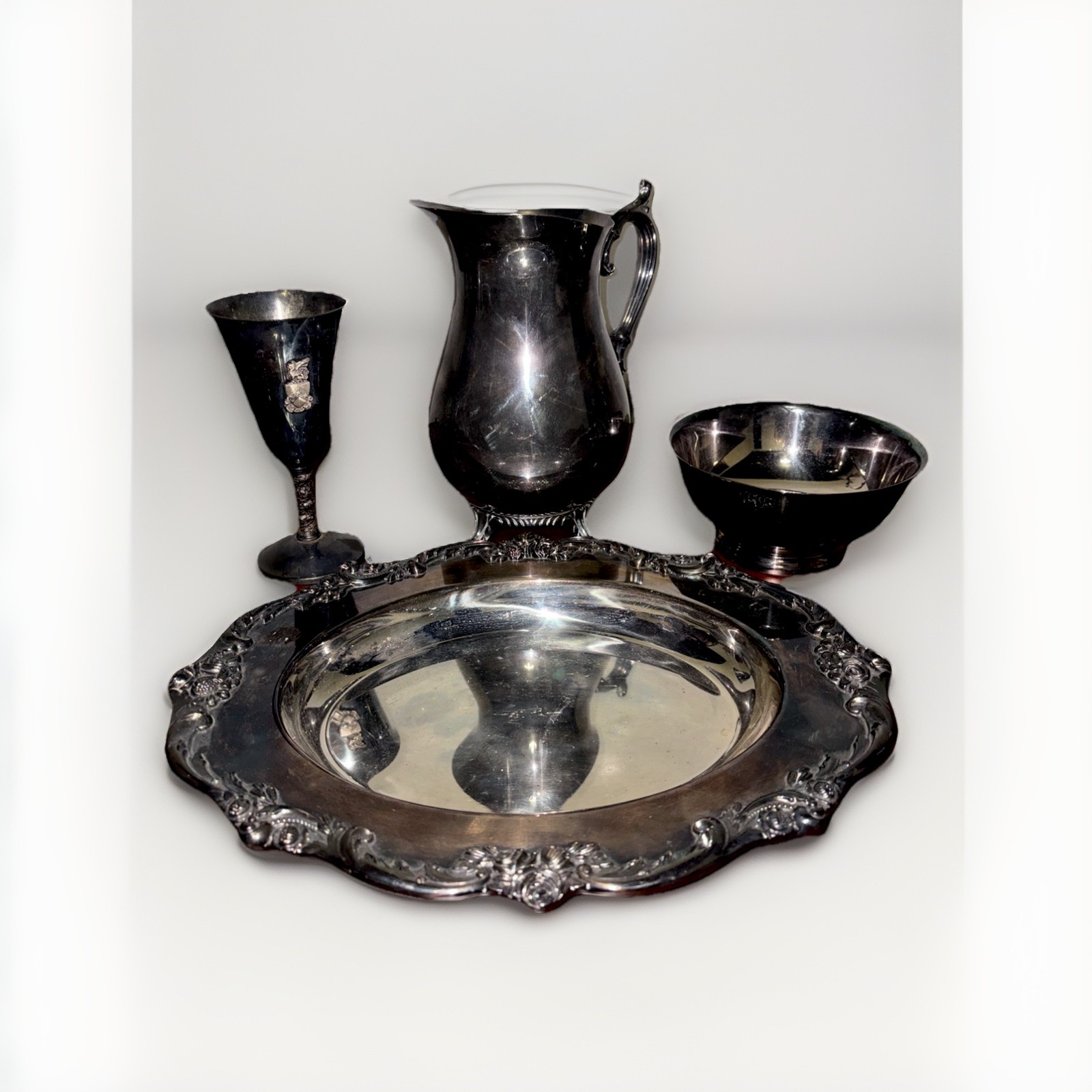 Vintage Silverplate Bundle Tray Pitcher Goblet Bowl Wm Rogers Lunt Decor