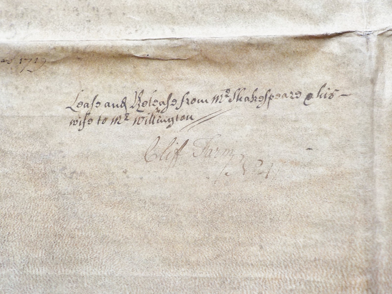 1719 Cliff Warwickshire Vellum Deed Indenture Shakespeare + Willington family