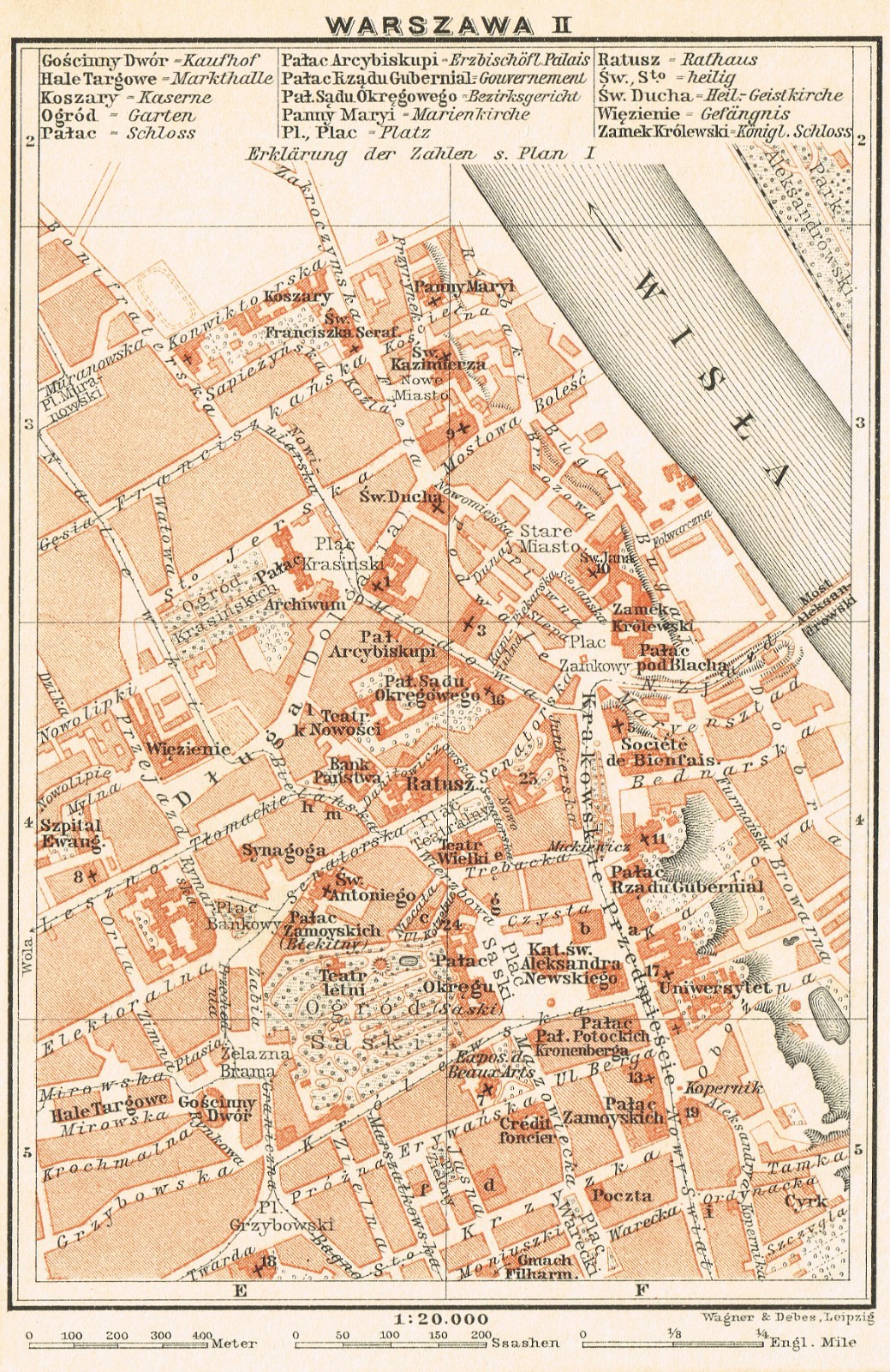 WARSAW inner city Original map 1912 ANTIQUE Warszawa POLAND German & Polish