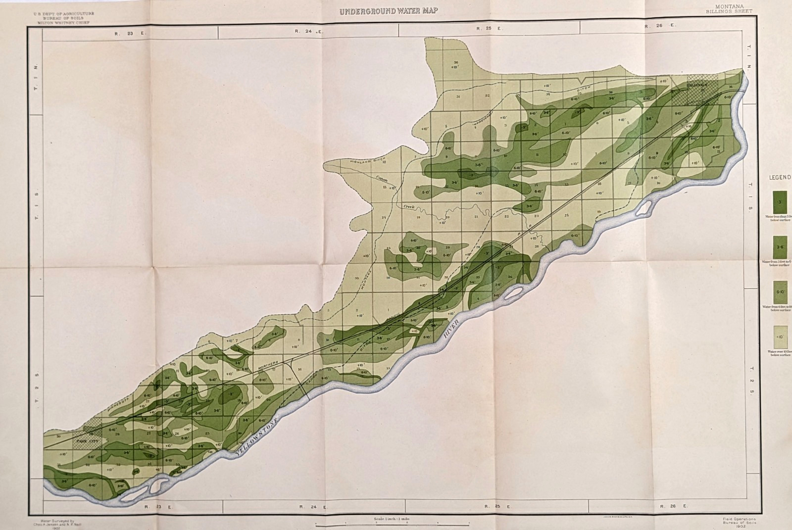 1902 Montana – Yellowstone River Map Billings – Park City ORIGINAL LARGE 24×16