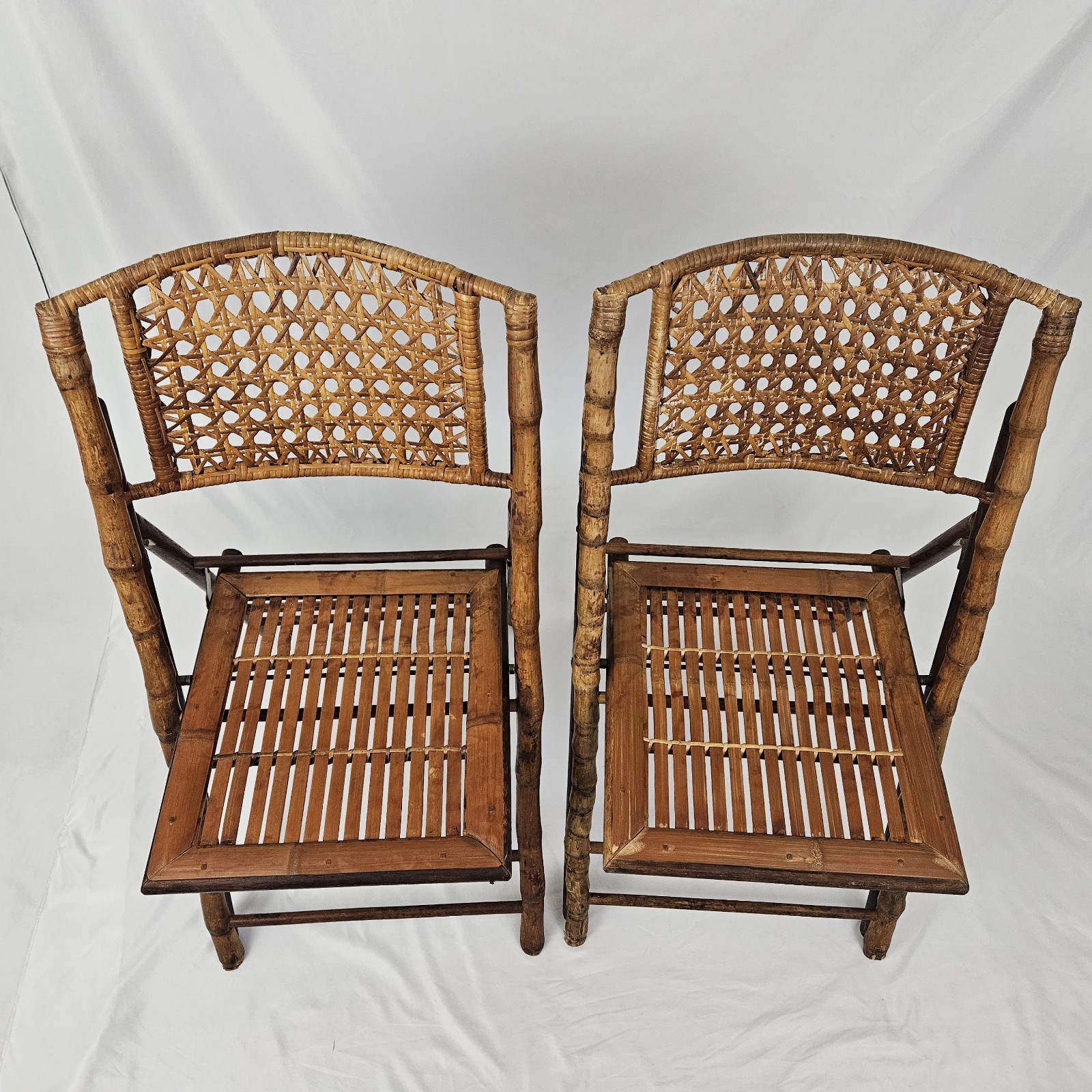 Vintage Folding Chair Set Tortoise Shell Bamboo W/Cane Back Dining MCM Boho