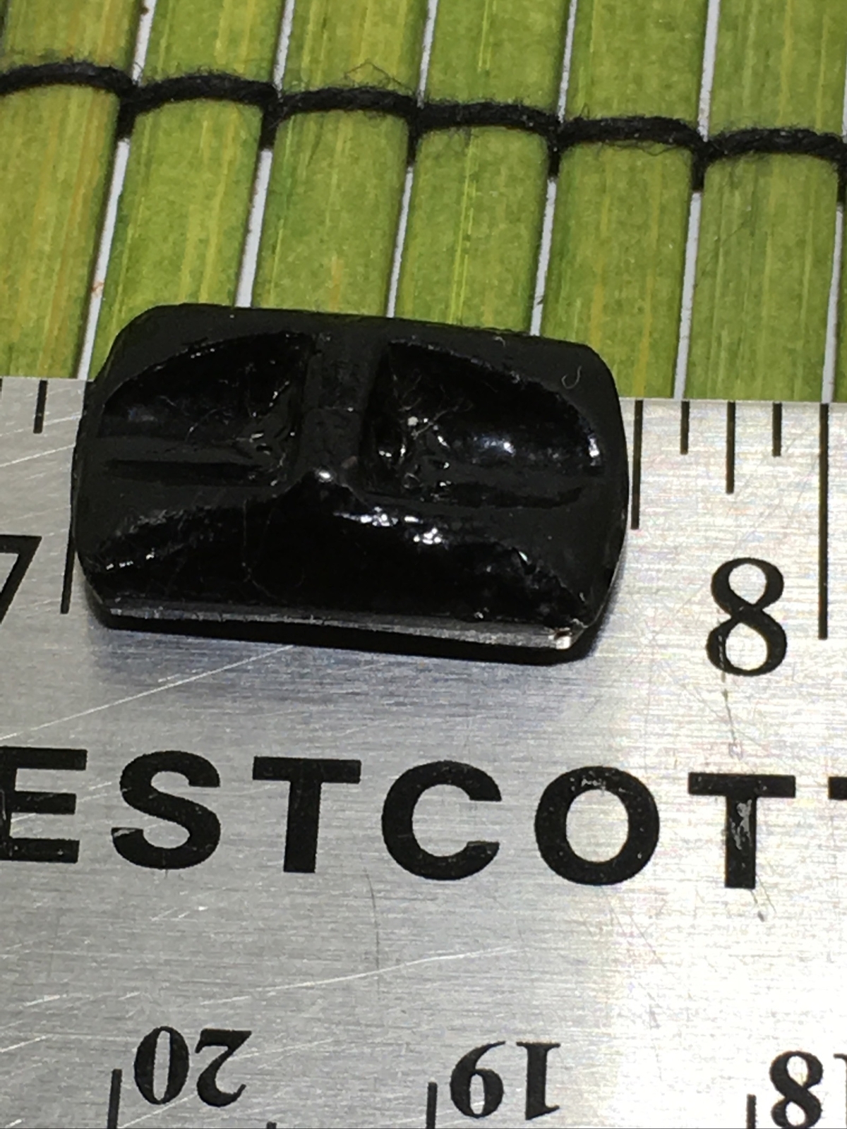 Antique Black Glass Button Rectangle Gold Foil Embedded Tunnel Shank 11/16″