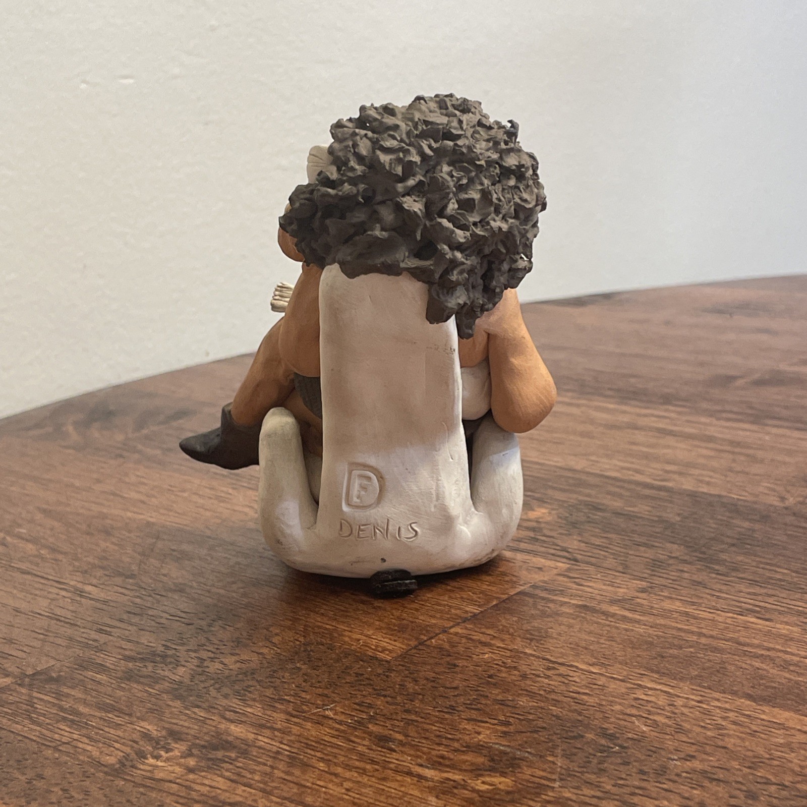 Denis Filtser Clay Figurine Woman Gossip Bench Phone Coffee Signed Pottery Art
