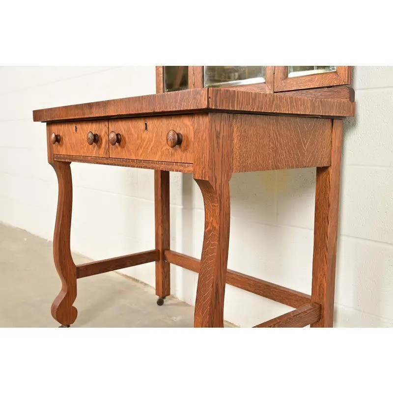 Antique American Empire Tiger Oak Vanity Dressing Table With Mirror, Circa 1900