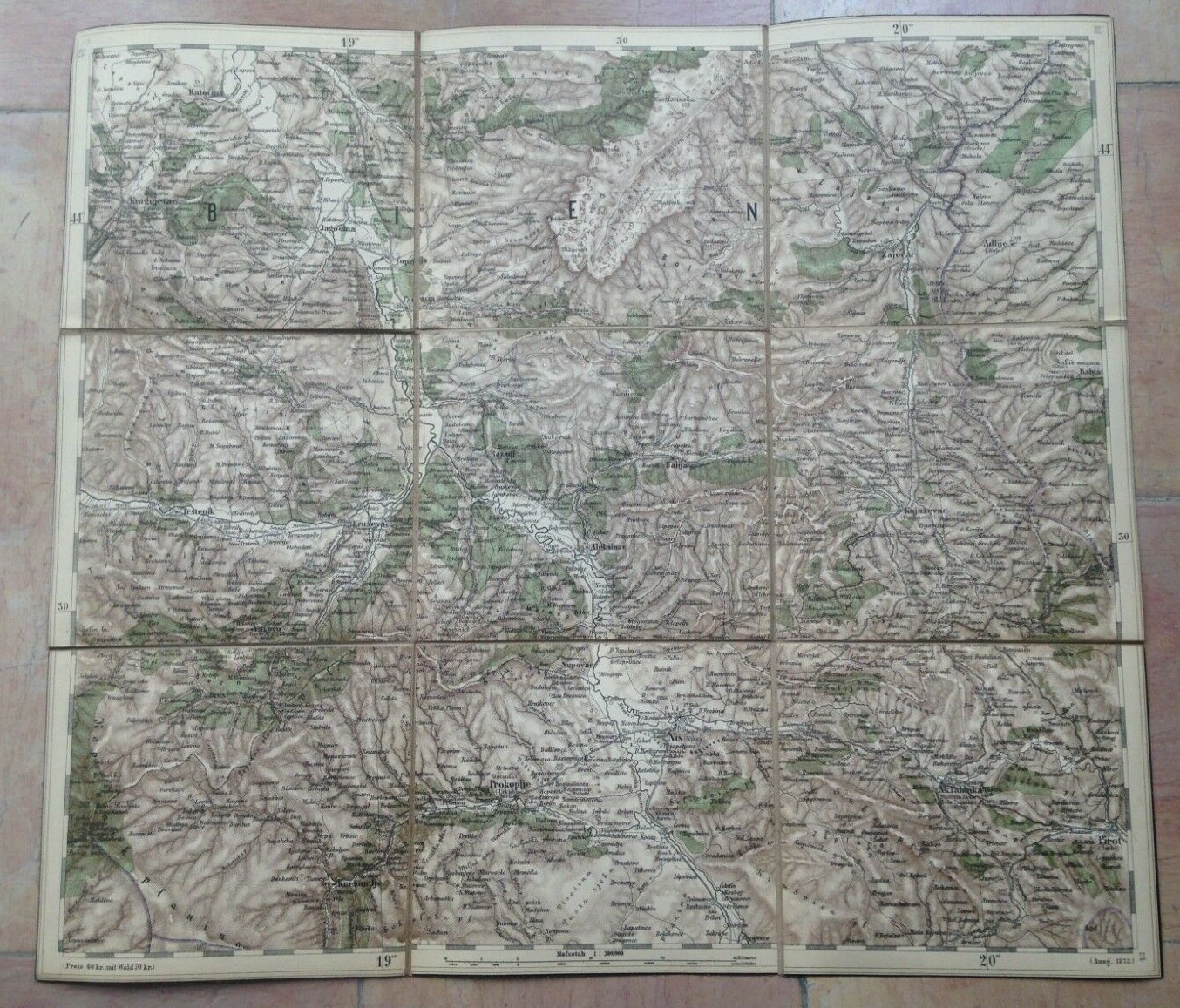 KRUSEVAC & environs SERBIA 1878 anonymous DETAILED ANTIQUE MAP ON LINEN